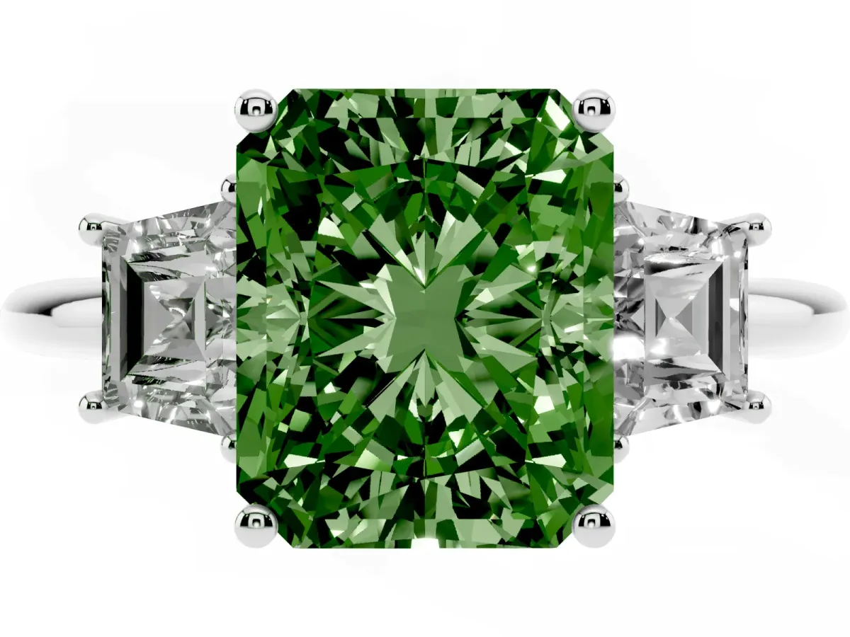 Fancy Green Radiant Cut Diamond Three-Stone Ring with Trapezoid Side Stones and Prong Setting Silver