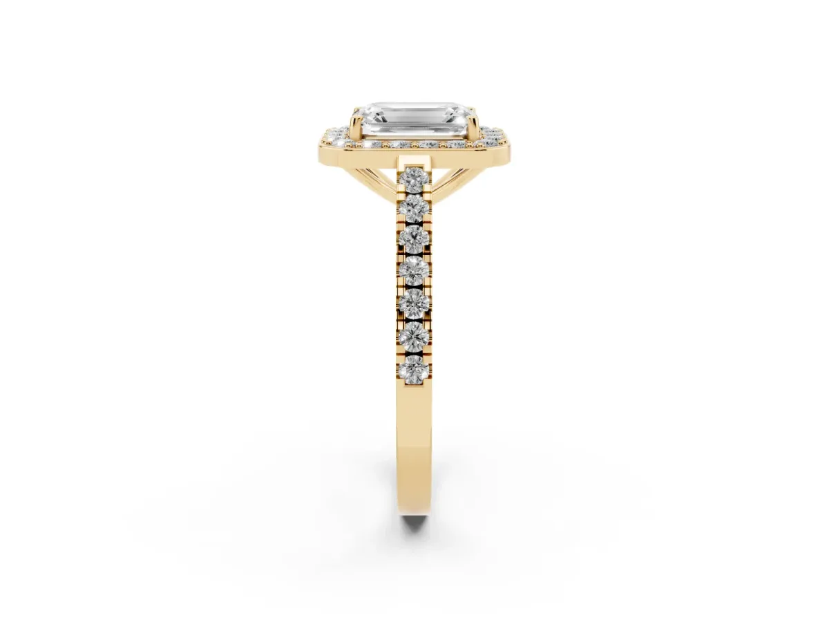 Emerald Cut Diamond Halo Ring with Round Pavé Split Shank and Prong Setting Yellow gold