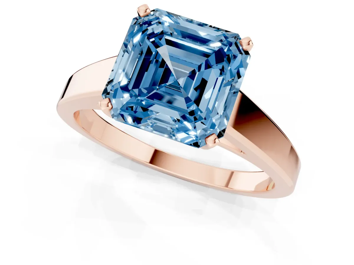Fancy Blue Asscher Cut Solitaire Engagement Ring with Four-Prong Setting and Tapered Band Rose gold