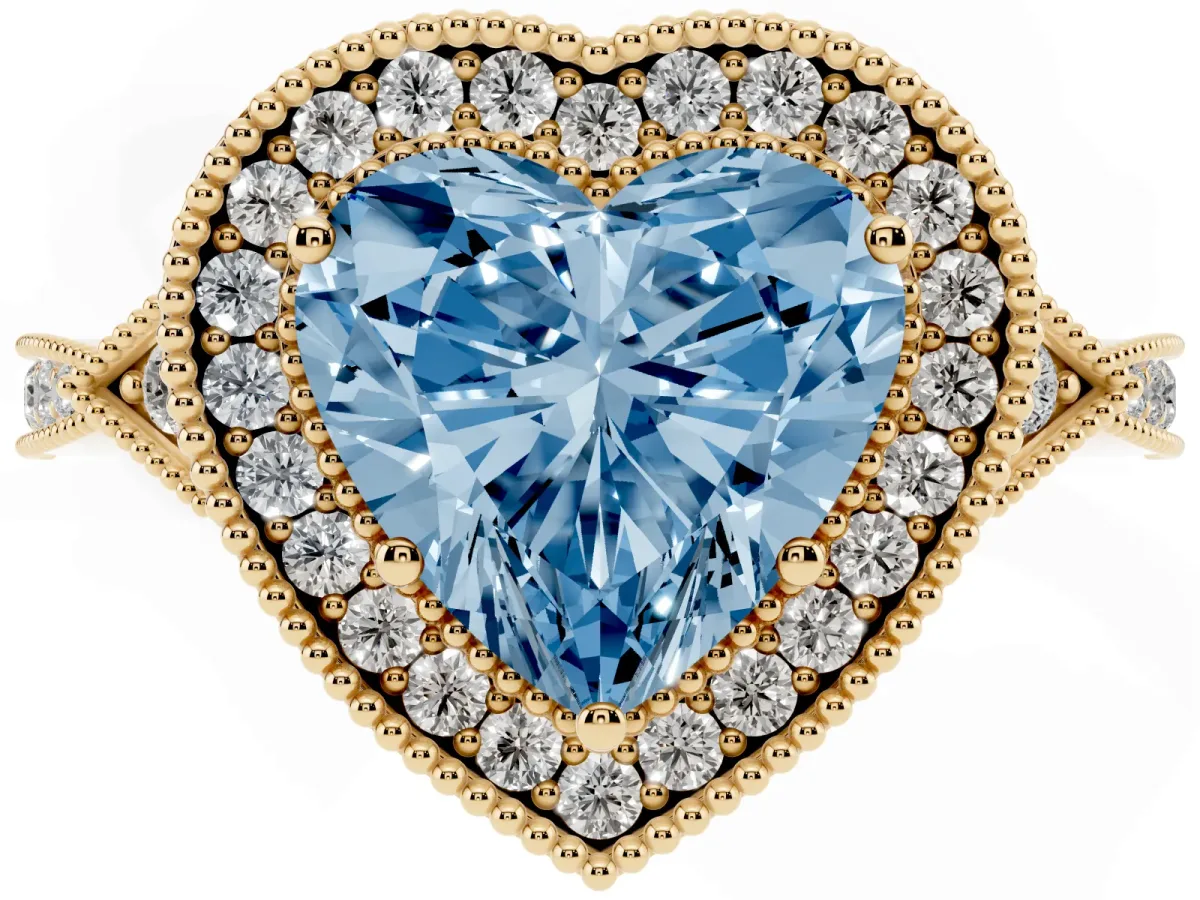Fancy Blue Heart Cut Halo Round Diamond Milgrain Pave Engagement Ring Yellow gold