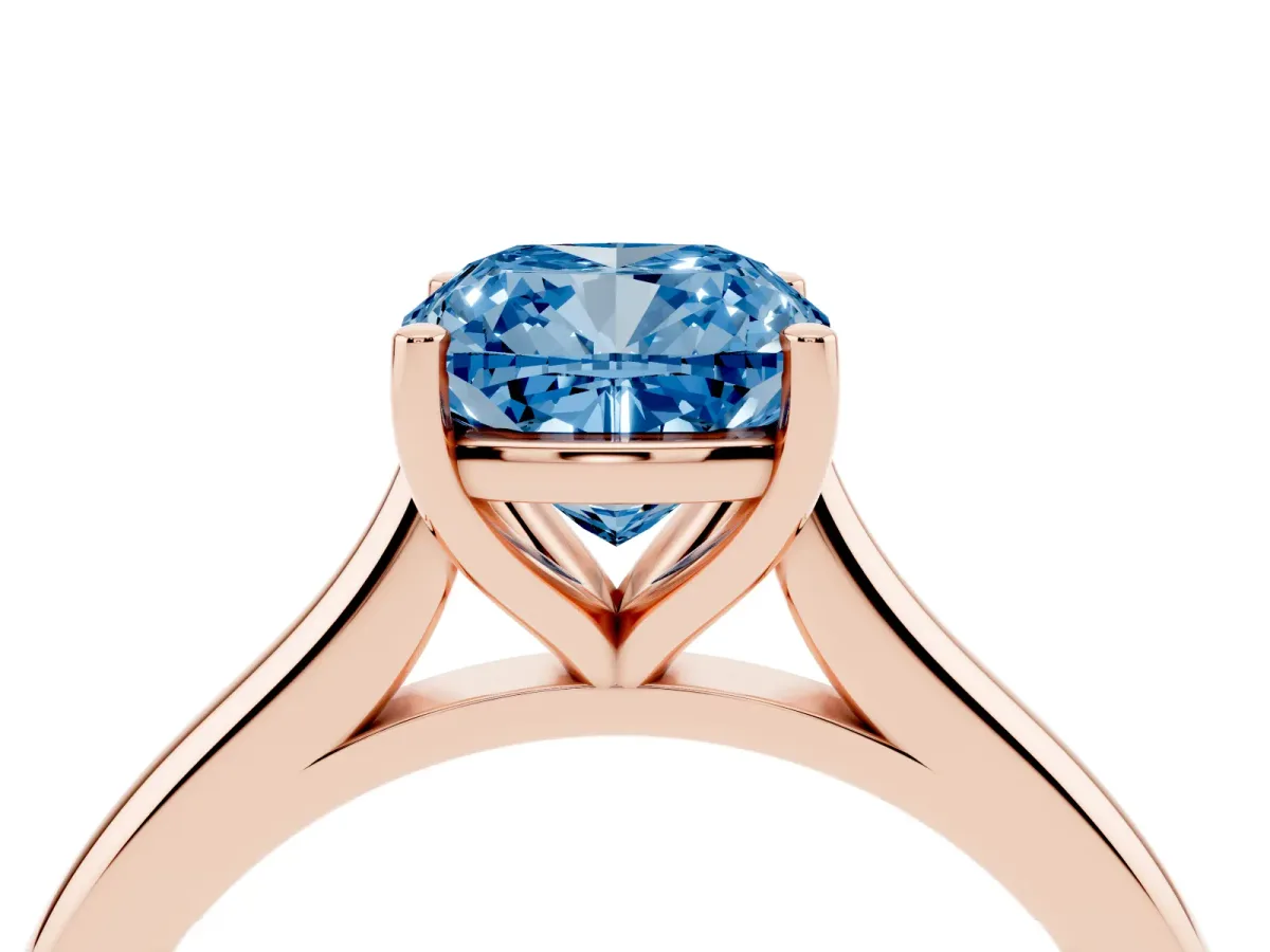 Fancy Blue Cushion Cut Cut Solitaire Ring with Cathedral Band and Four-Prong Setting Rose gold