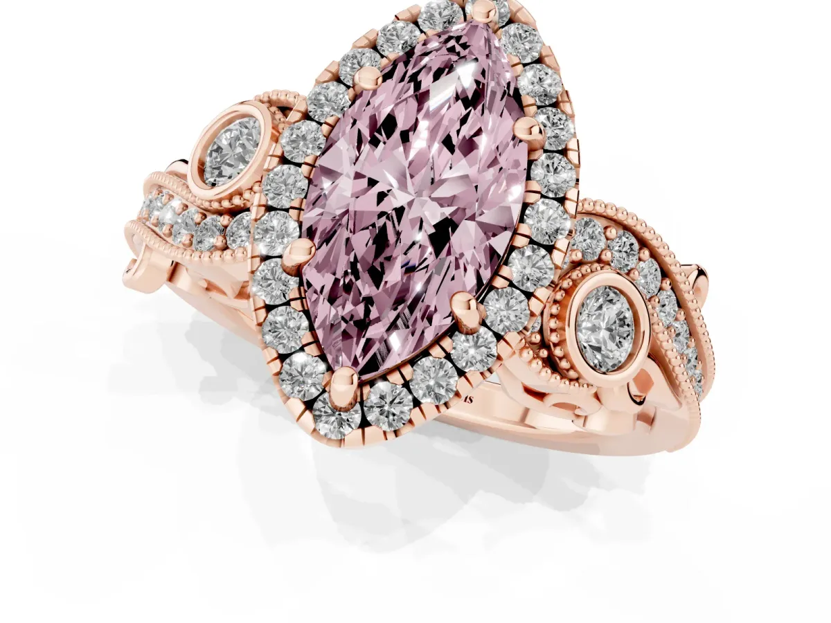 Fancy Pink Marquise Cut Diamond Halo Ring with Milgrain Pavé Band and Four-Prong Setting Rose gold