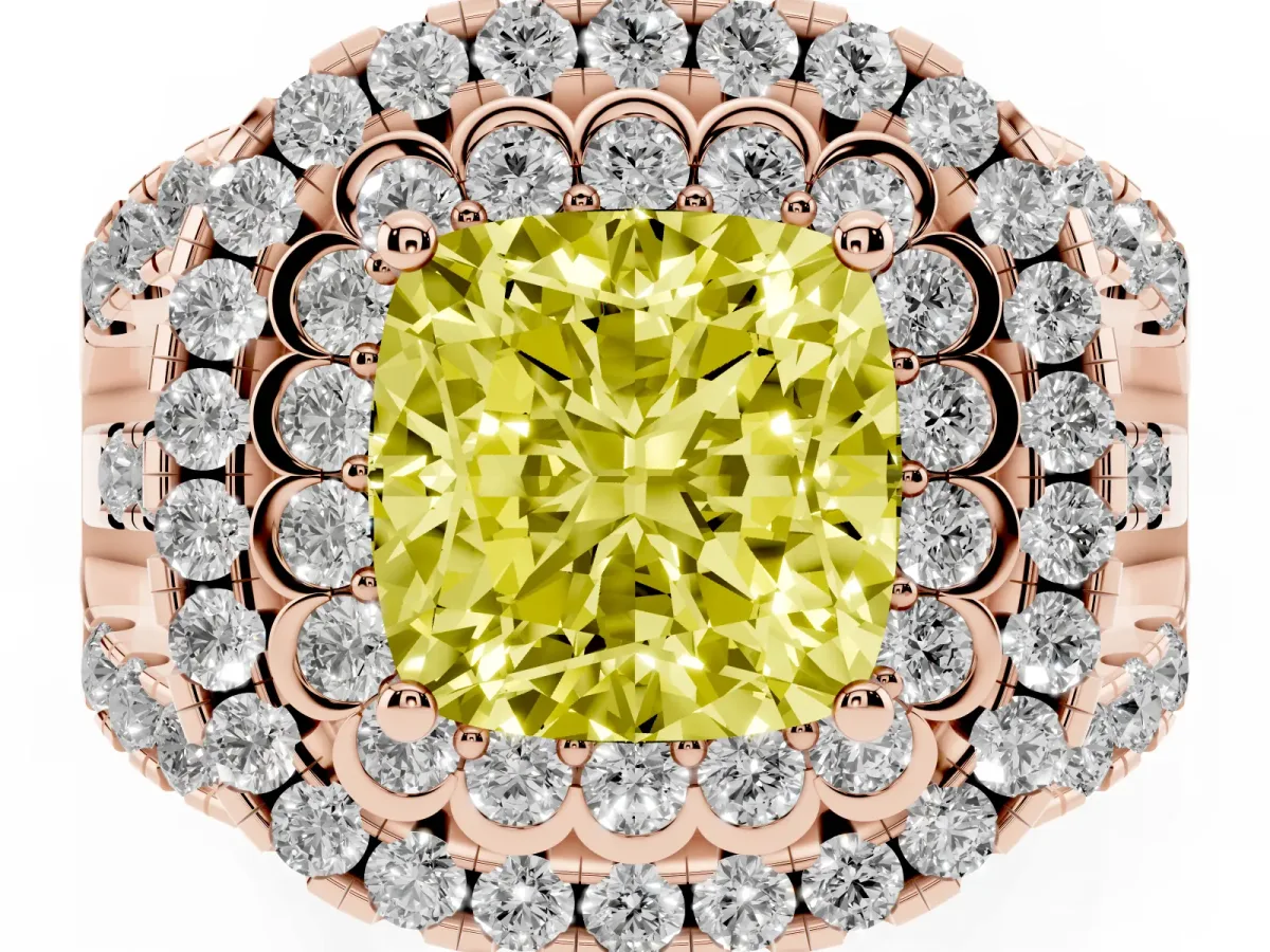Fancy Yellow Cushion Cut Diamond Double Halo Ring with Round Pavé Split Shank and Prong Setting Rose gold