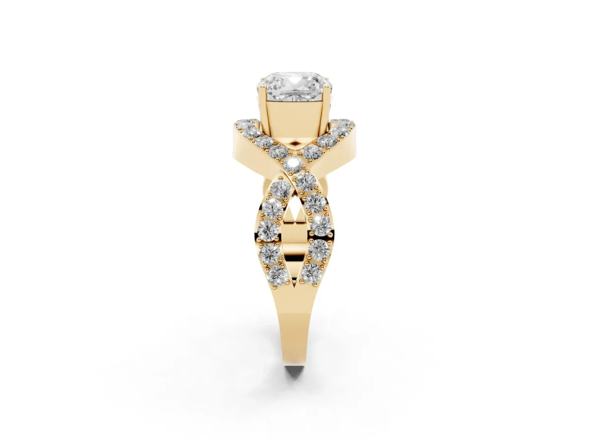 Cushion Cut Solitaire Twist Band Pavé Diamond Engagement Ring Yellow gold