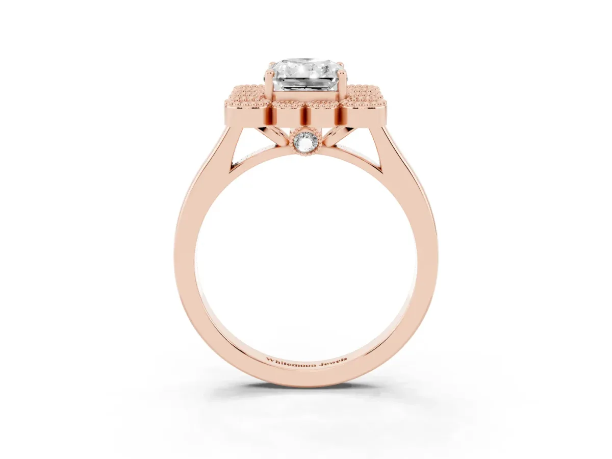 Radiant Cut Halo Diamond Cluster Engagement Ring with Milgrain Bezel Setting and Solitaire Band Rose gold