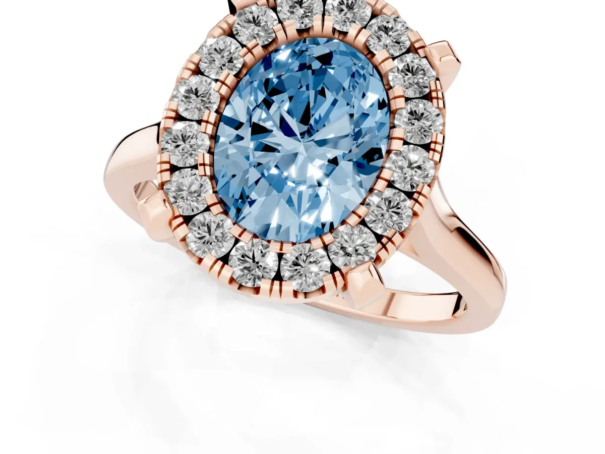 Fancy Blue Oval Cut Diamond Cluster Halo Solitaire with Four-Prong Setting Rose gold