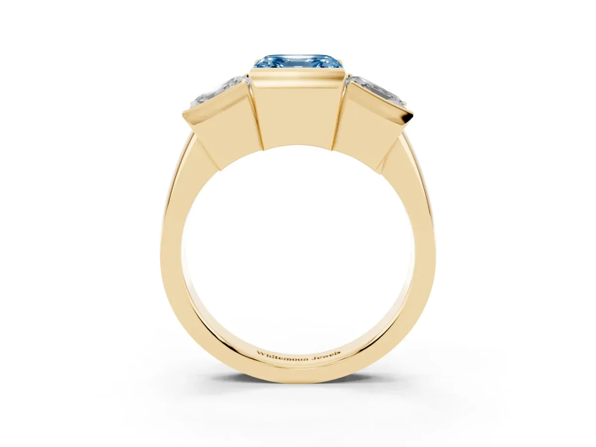 Fancy Blue Three Stone Asscher Cut Cut Channel Set Diamond Ring Yellow gold