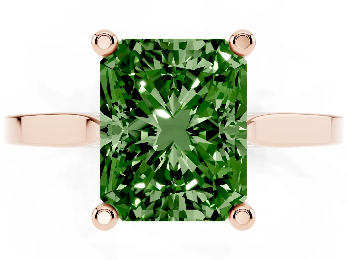 Fancy Green Radiant Cut Solitaire Diamond Ring with Four-Prong Setting and Tapered Band Rose gold