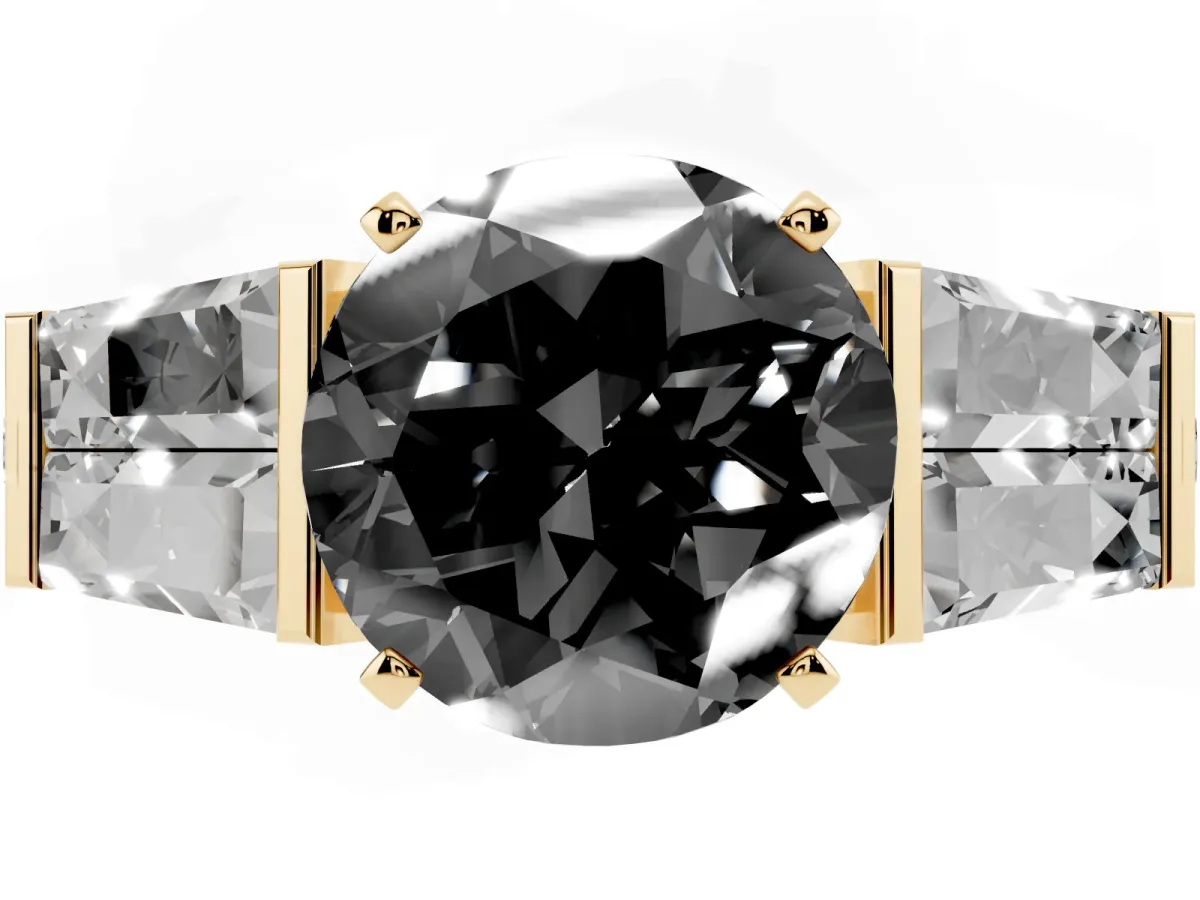 Fancy Black Round Cut Diamond Engagement Ring with Baguette Side Stones and Channel Set Band Yellow gold