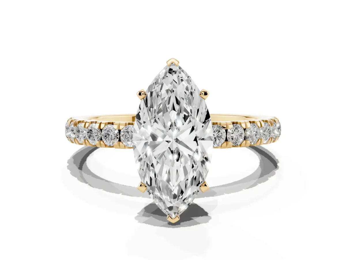 Marquise Cut Diamond Solitaire Ring with Pavé Accents and Four-Prong Setting Yellow gold
