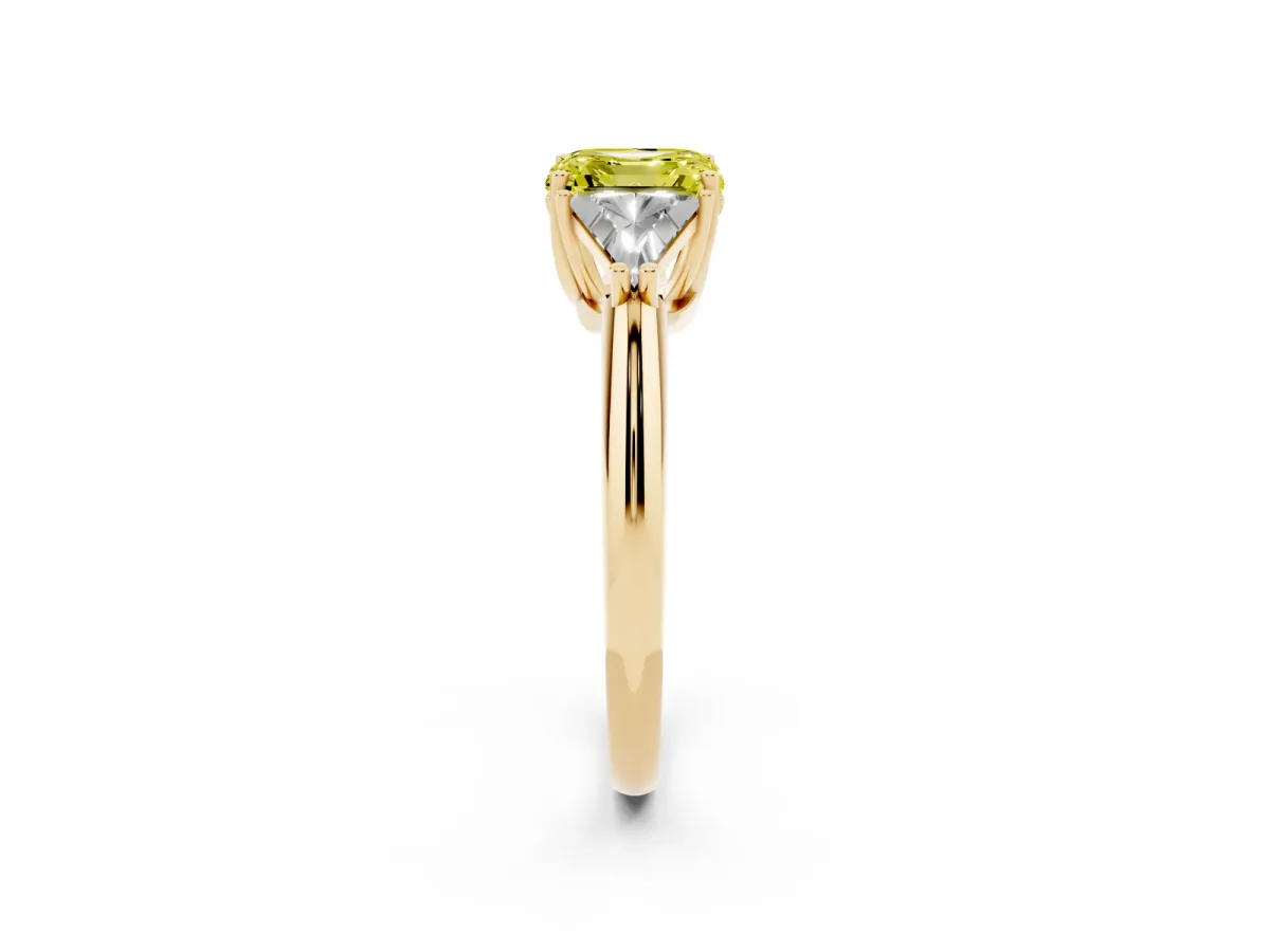Fancy Yellow Three-Stone Asscher Cut Diamond Engagement Ring with Trillion Side Stones and Prong Setting Yellow gold