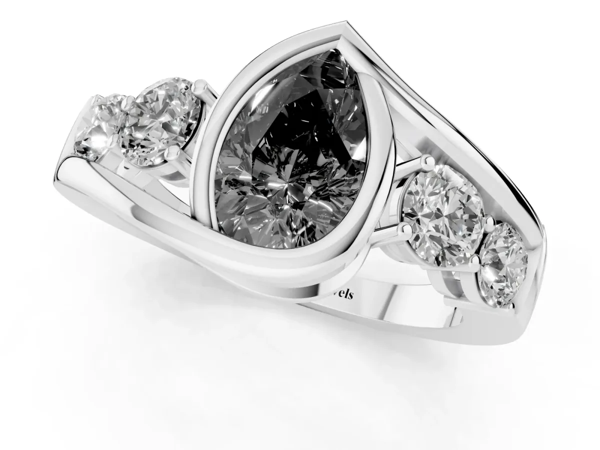 Fancy Black Bezel Set Pear Cut Diamond Bypass Ring with Round Accents Silver