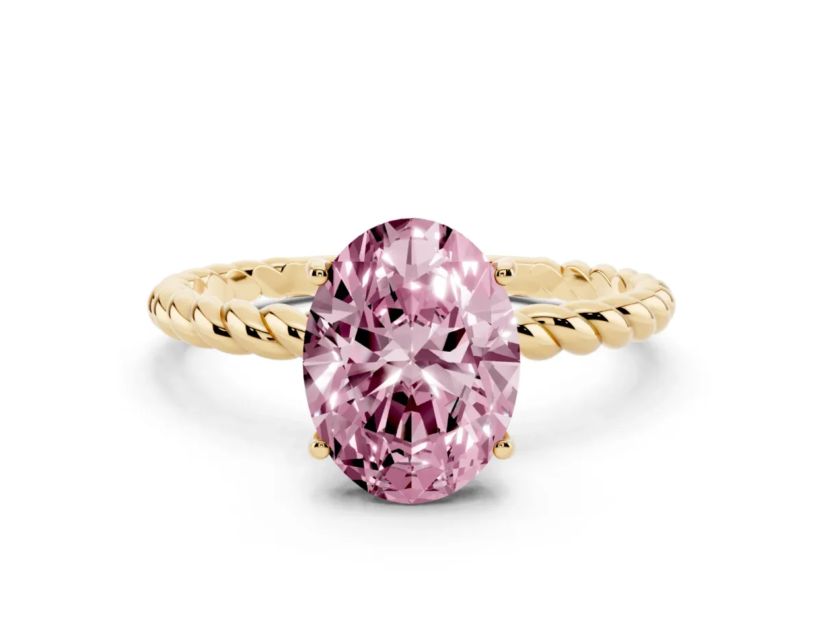 Fancy Pink Oval Cut Solitaire Twisted Band 4-Prong Ring Yellow gold