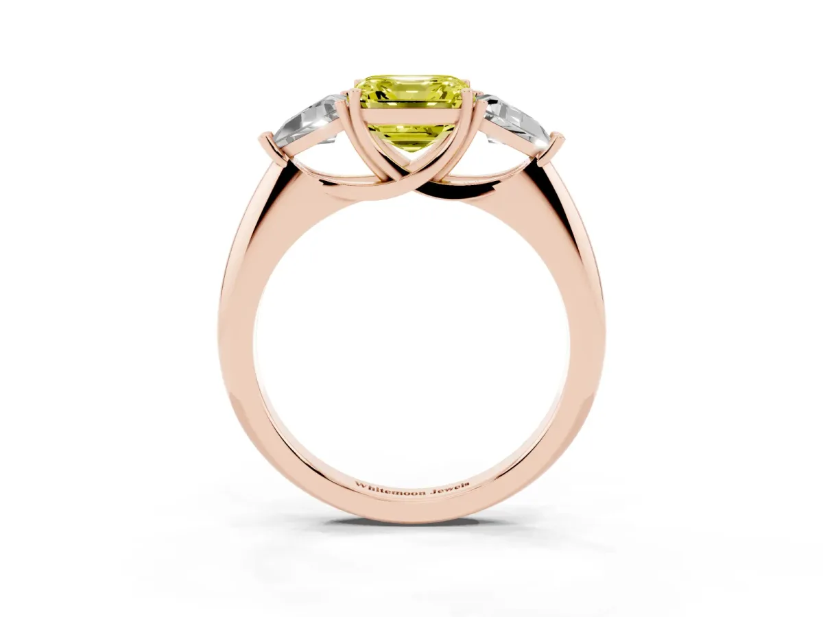 Fancy Yellow Three-Stone Asscher Cut Diamond Engagement Ring with Trillion Side Stones and Prong Setting Rose gold