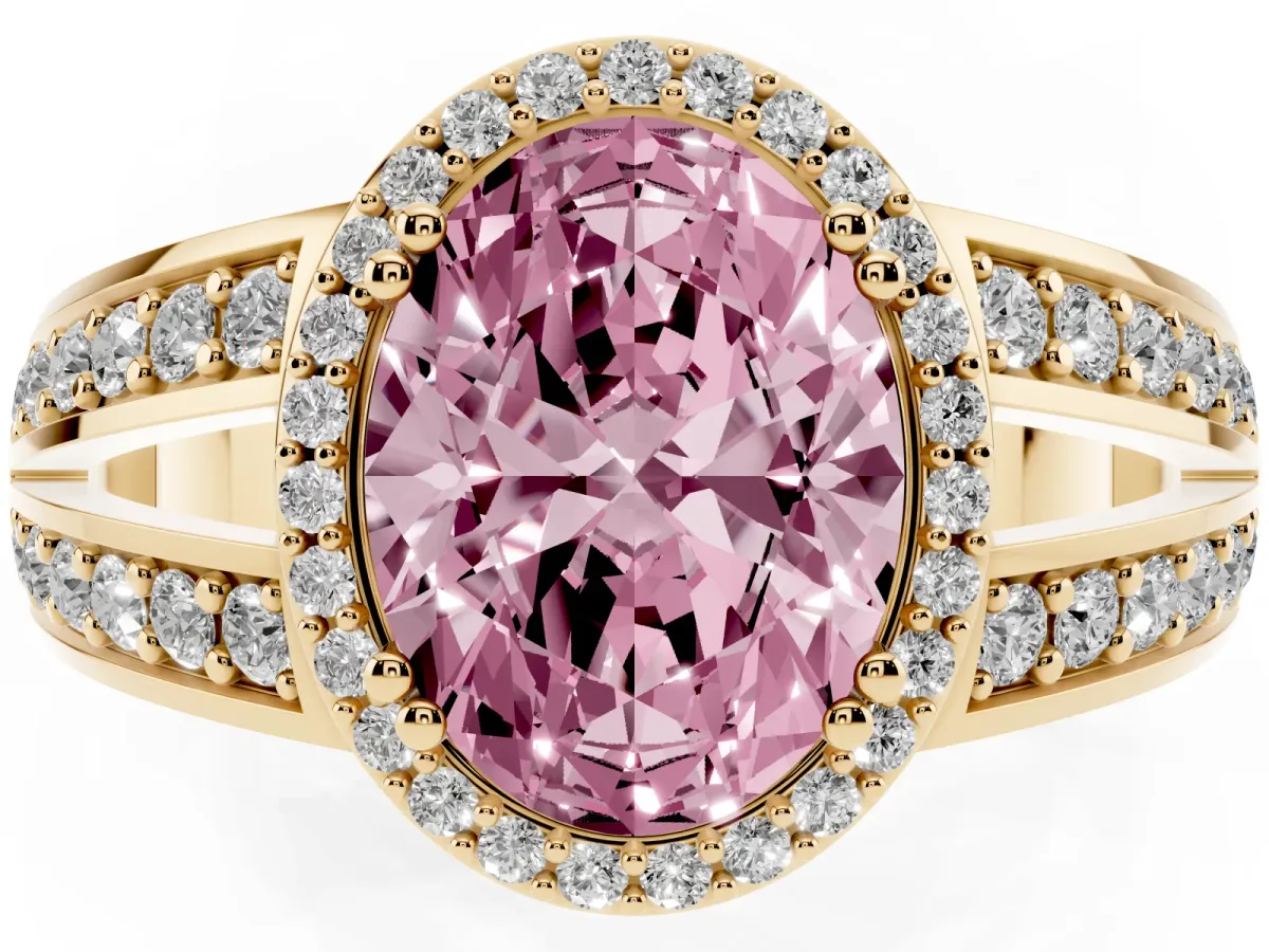 Fancy Pink Oval Cut Diamond Halo Ring with Split Shank Pavé Band and Four-Prong Setting Yellow gold