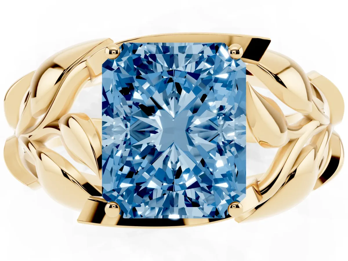 Fancy Blue Radiant Cut Diamond Leaf-Inspired Engagement Ring with Round Accents and Prong Setting Yellow gold
