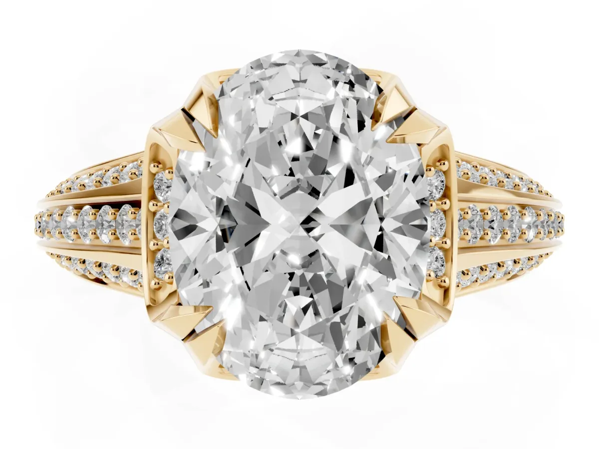 Oval Cut Solitaire Pave Split Shank Ring with Four-Prong Setting Yellow gold