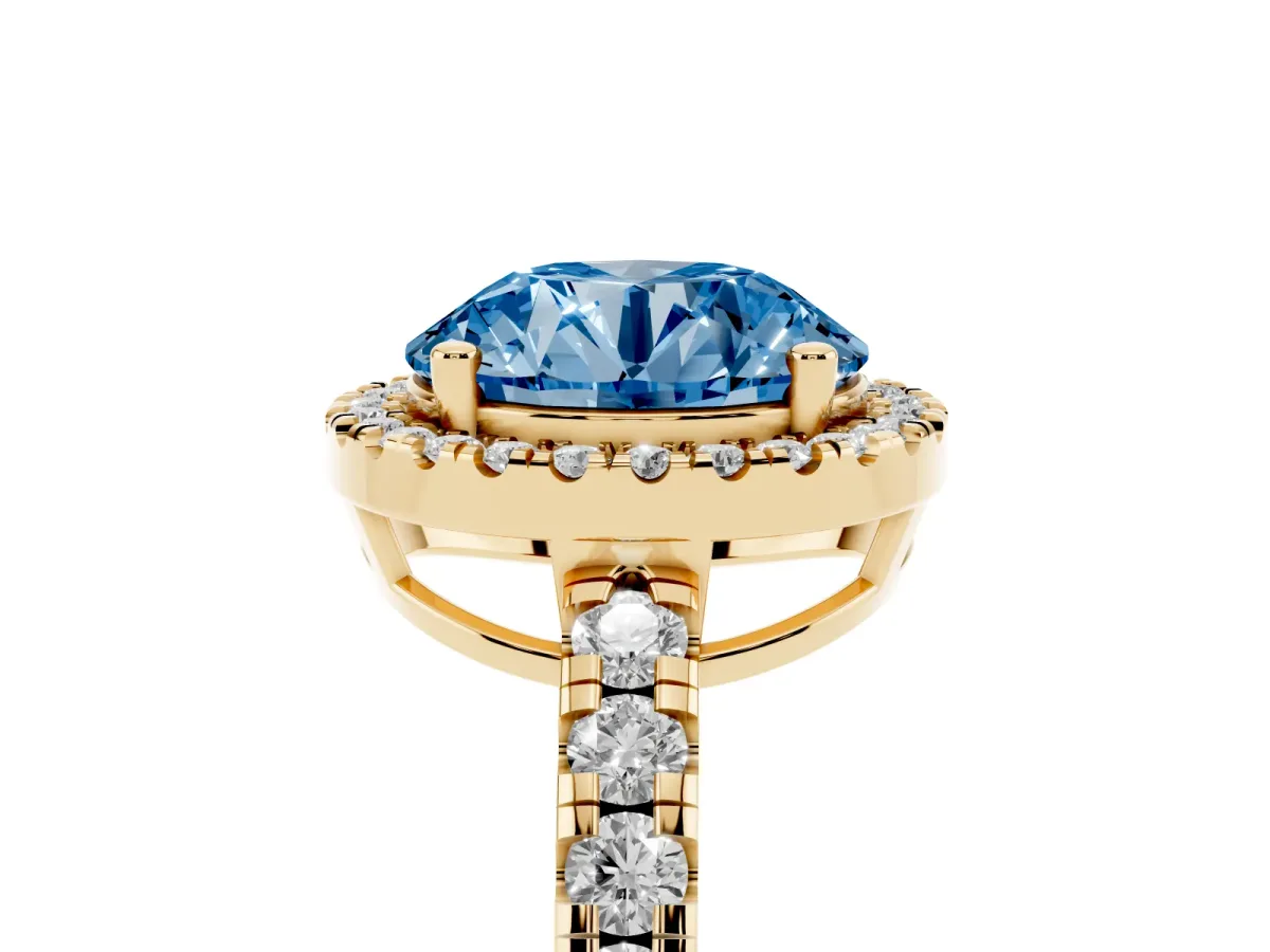Fancy Blue Round Cut Diamond Halo Ring with Pavé Band and Four-Prong Setting Yellow gold