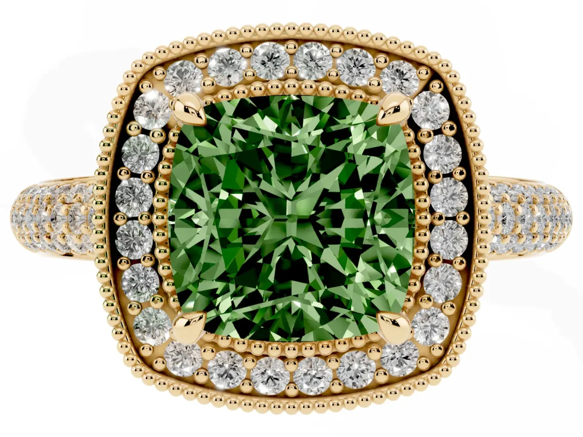 Fancy Green Cushion Cut Cut Halo Diamond Pave Band with Four-Prong Setting Yellow gold