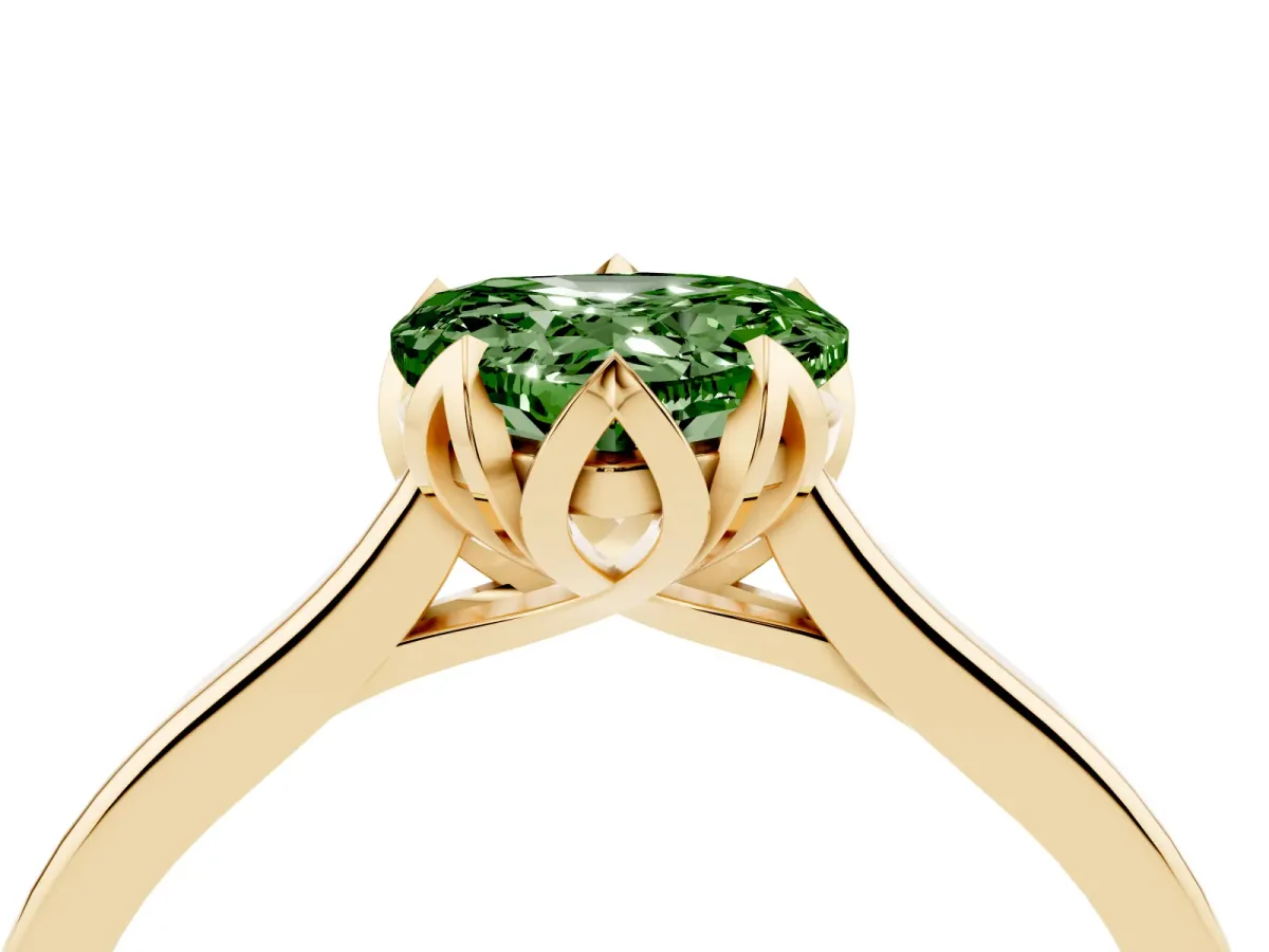 Fancy Green Heart Cut Diamond Solitaire Ring with Flower Prong Setting and Classic Band Yellow gold