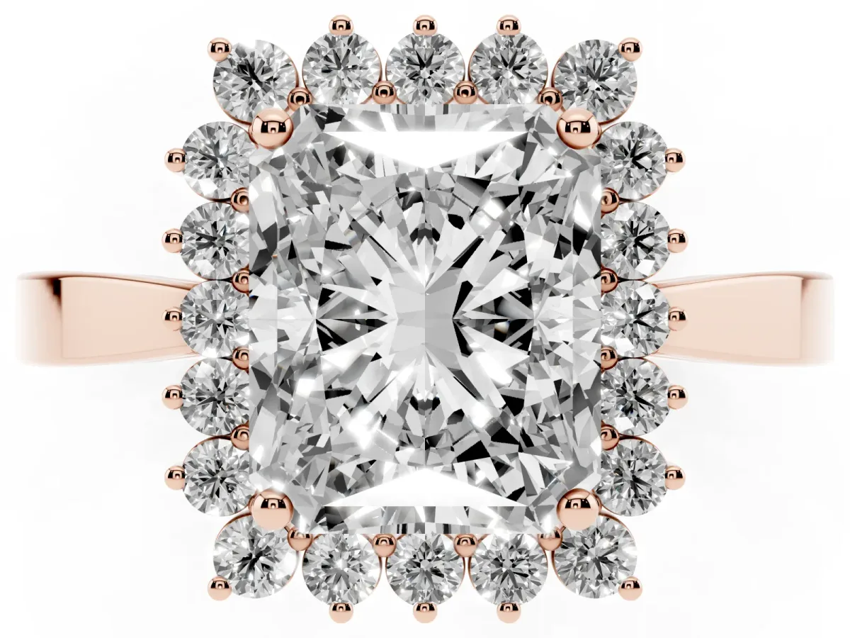 Radiant Cut Cut Diamond Halo Ring with Round Brilliant Halo and Solitaire Band Rose gold