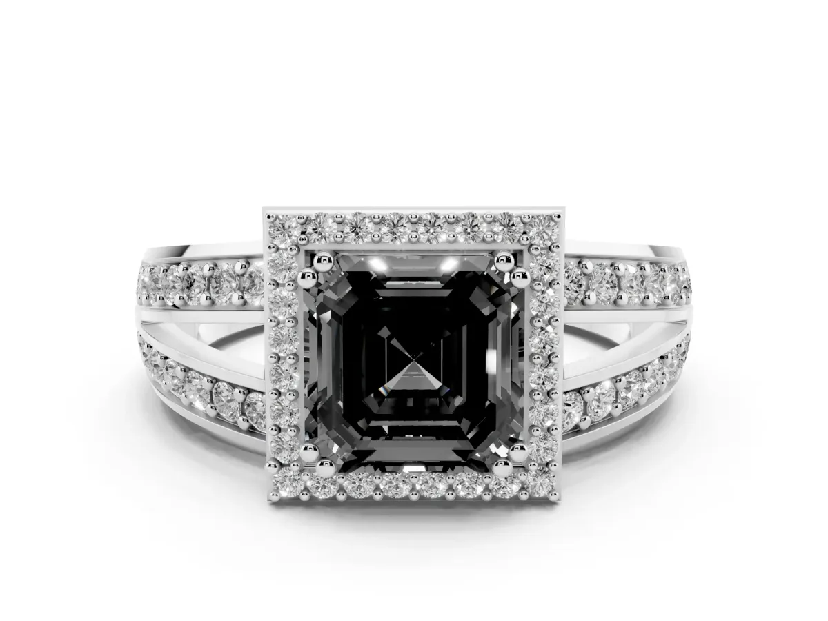 Fancy Black Asscher Cut Diamond Halo Ring with Split Shank Pavé Band and Four-Prong Setting Silver