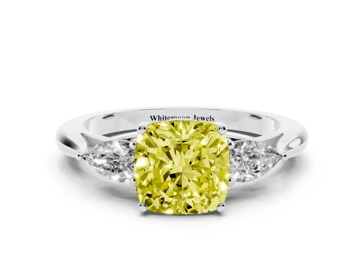 Fancy Yellow Three-Stone Cushion Cut Diamond Ring with Pear Side Stones in Four-Prong Setting Silver