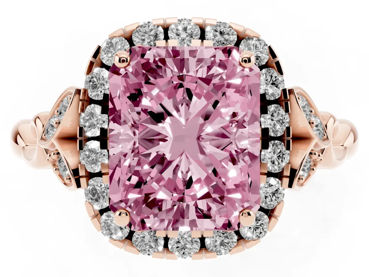 Fancy Pink Radiant Cut Halo Diamond Engagement Ring with Vintage-Inspired Band and Four-Prong Setting Rose gold