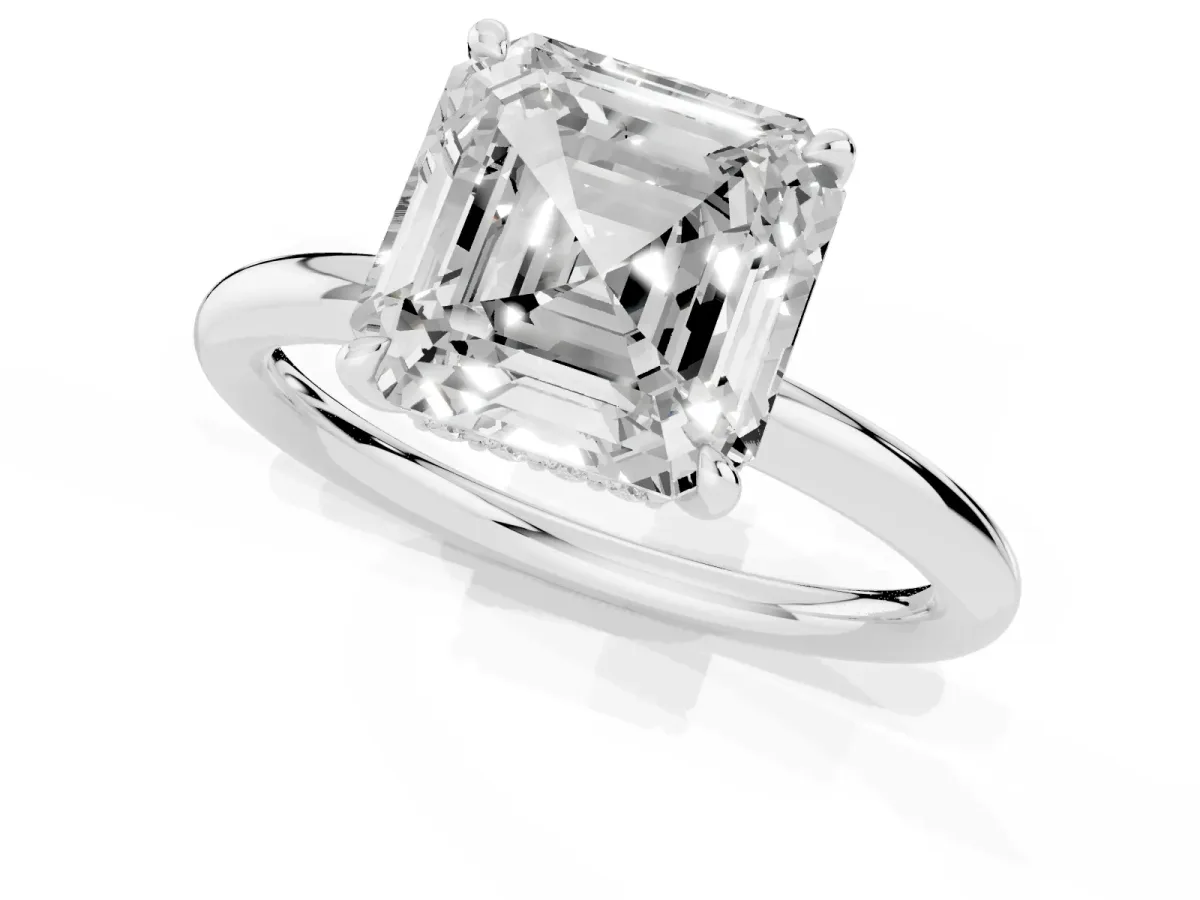 Asscher Cut Diamond Solitaire Ring with Thin Band and Four-Prong Setting Silver