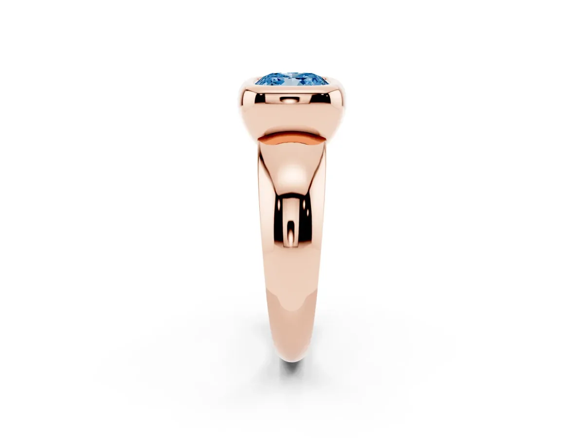 Fancy Blue Bezel Set Cushion Cut Solitaire Ring with Wide Band Rose gold