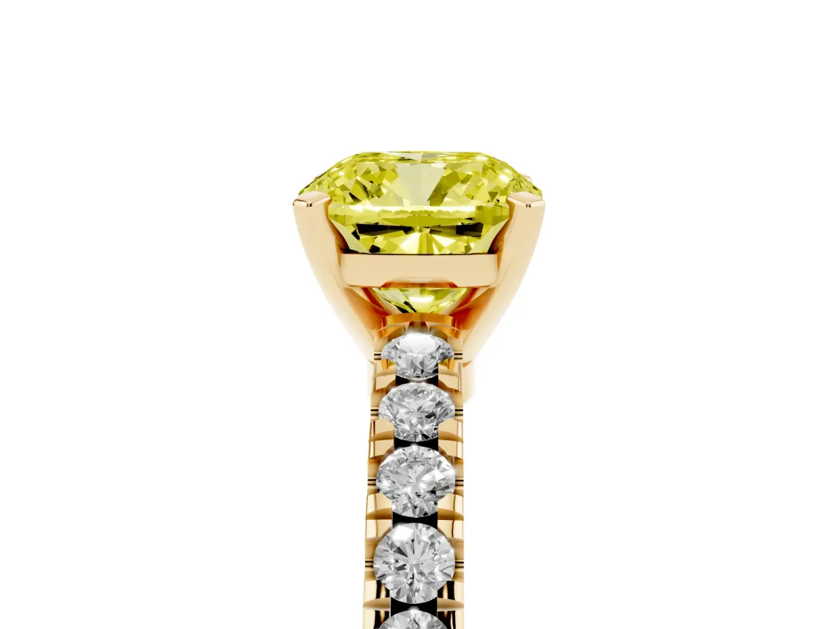 Fancy Yellow Cushion Cut Solitaire Diamond with Pavé Band and Four-Prong Setting Yellow gold