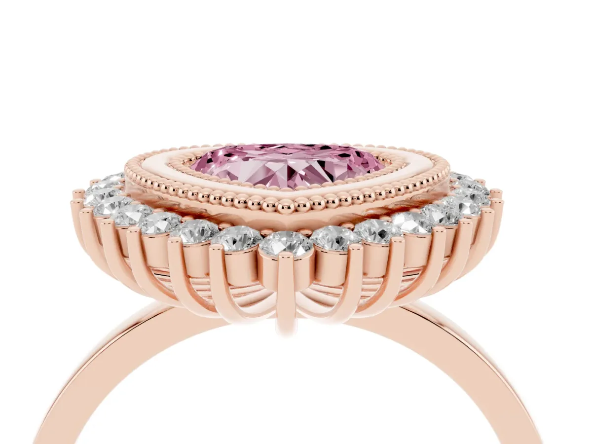 Fancy Pink Heart Cut Halo Diamond Ring with Milgrain Edge and Round Prong Setting Rose gold