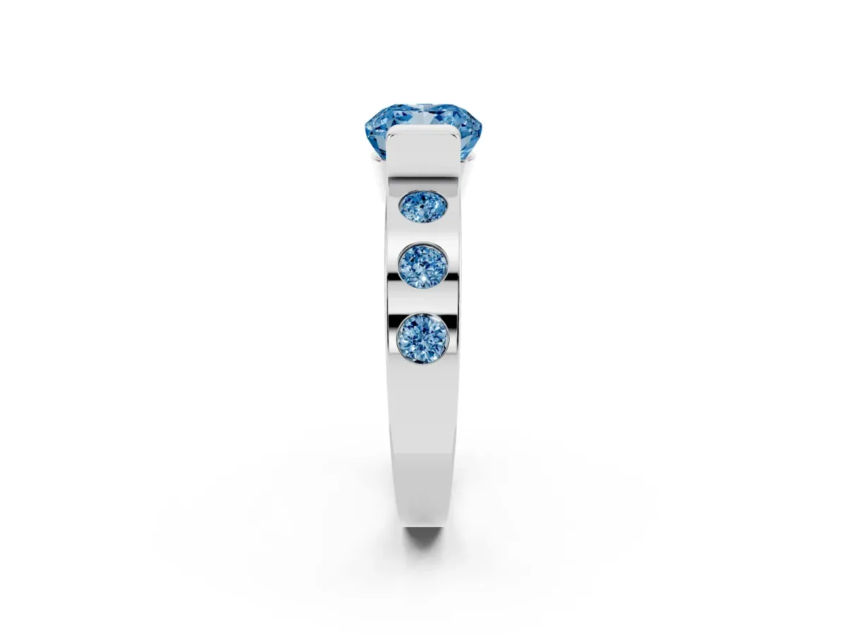 Fancy Blue Cushion Cut Brilliant Channel-Set Diamond Ring with Bezel Prong Setting Silver