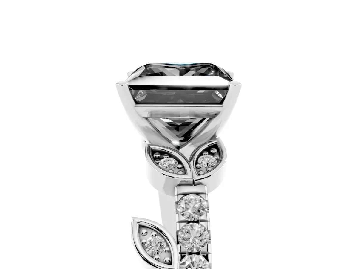 Fancy Black Princess Cut Solitaire Leaf-Inspired Diamond Ring with Pavé Band and Four-Prong Setting Silver