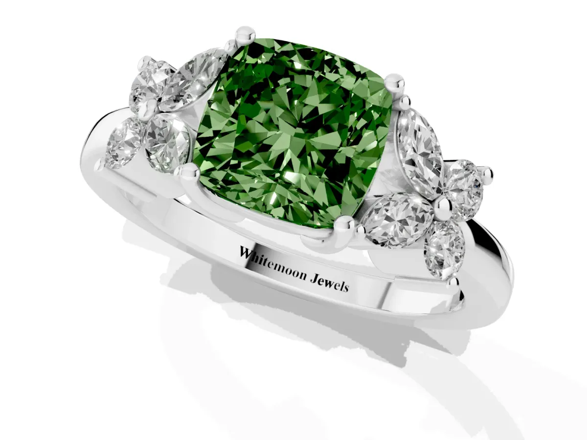 Fancy Green Cushion Cut Diamond Floral Cluster Ring with Solitaire Band and Prong Setting Platinum