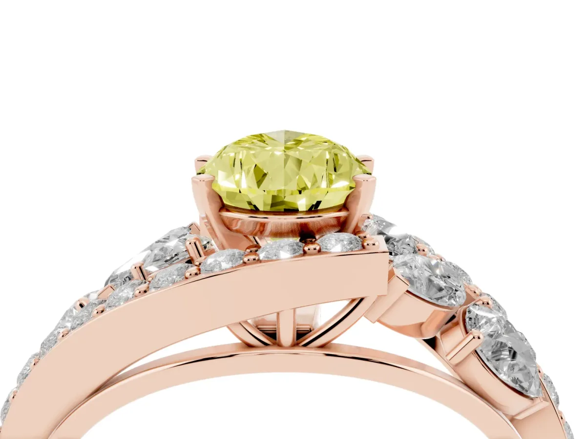 Fancy Yellow Pear Cut Diamond Halo Ring with Marquise and Pavé Band in Prong Setting Rose gold