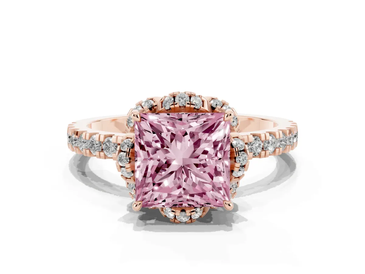 Fancy Pink Princess Cut Diamond Halo Pave Band with Four-Prong Setting Rose gold