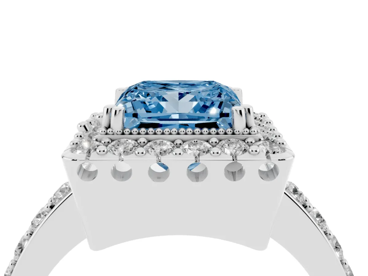 Fancy Blue Princess Cut Diamond Halo Ring with Pavé Band and Prong Setting White gold