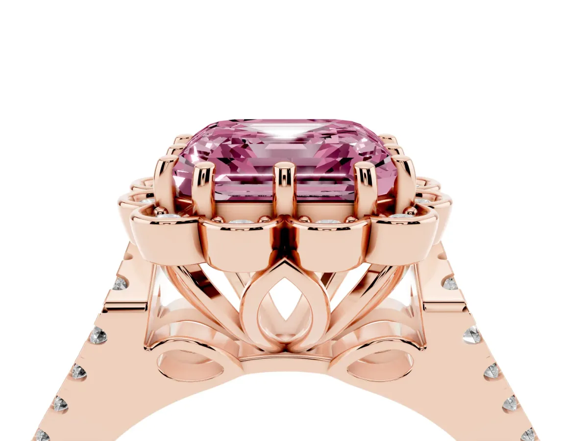 Fancy Pink Asscher Cut Halo Diamond Floral Split Shank Engagement Ring Rose gold