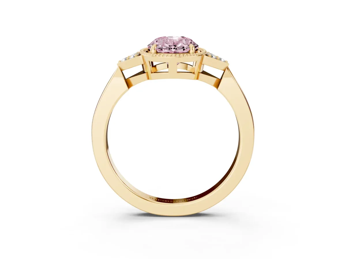 Fancy Pink Oval Cut Diamond Halo Ring with Tapered Band and Four-Prong Setting Yellow gold