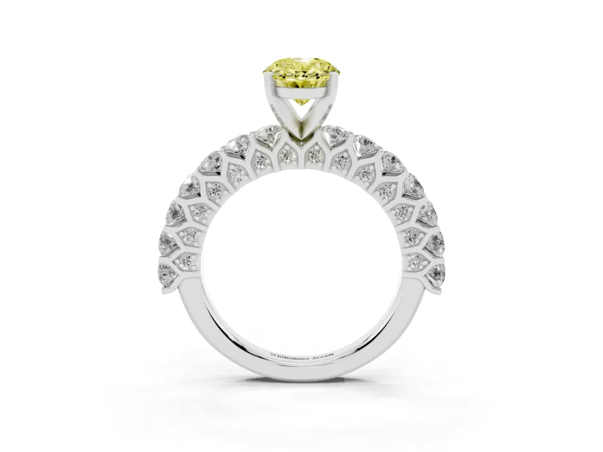 Fancy Yellow Oval Cut Diamond Solitaire Ring with Shared Prong Pavé Band and Four-Prong Setting Silver