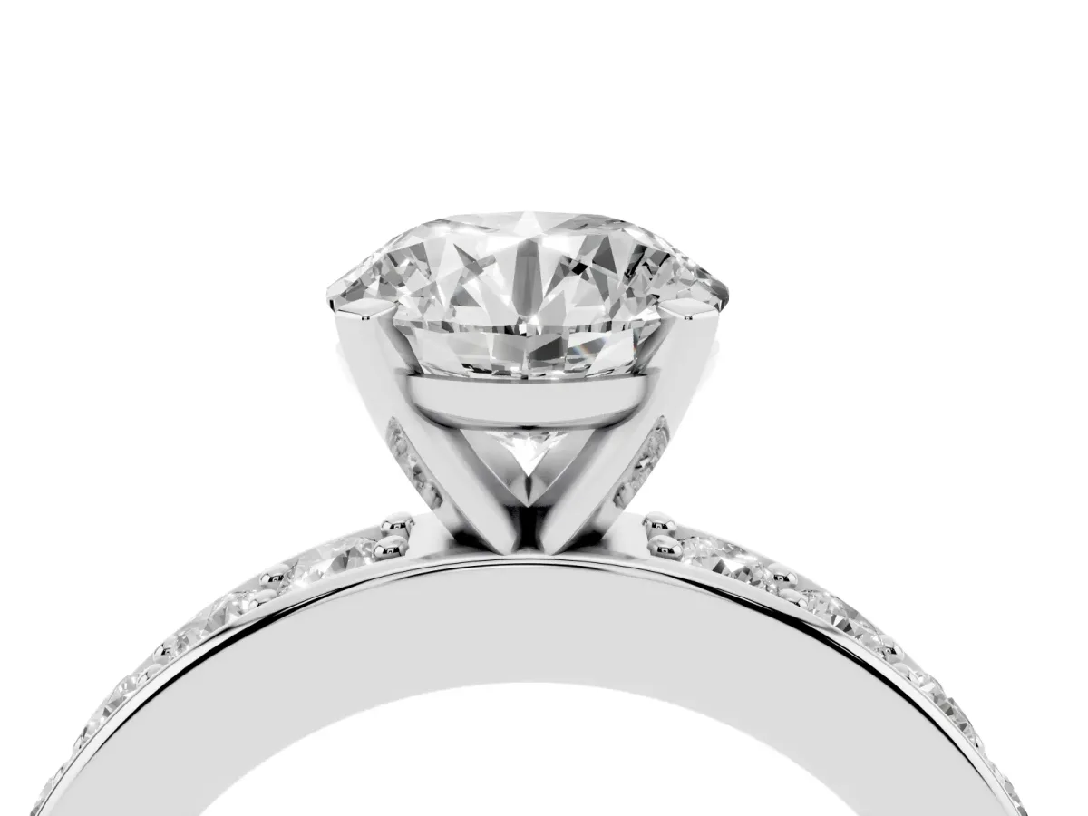 Round Cut Diamond Engagement Ring with Channel Set Round Band and Prong Setting Silver