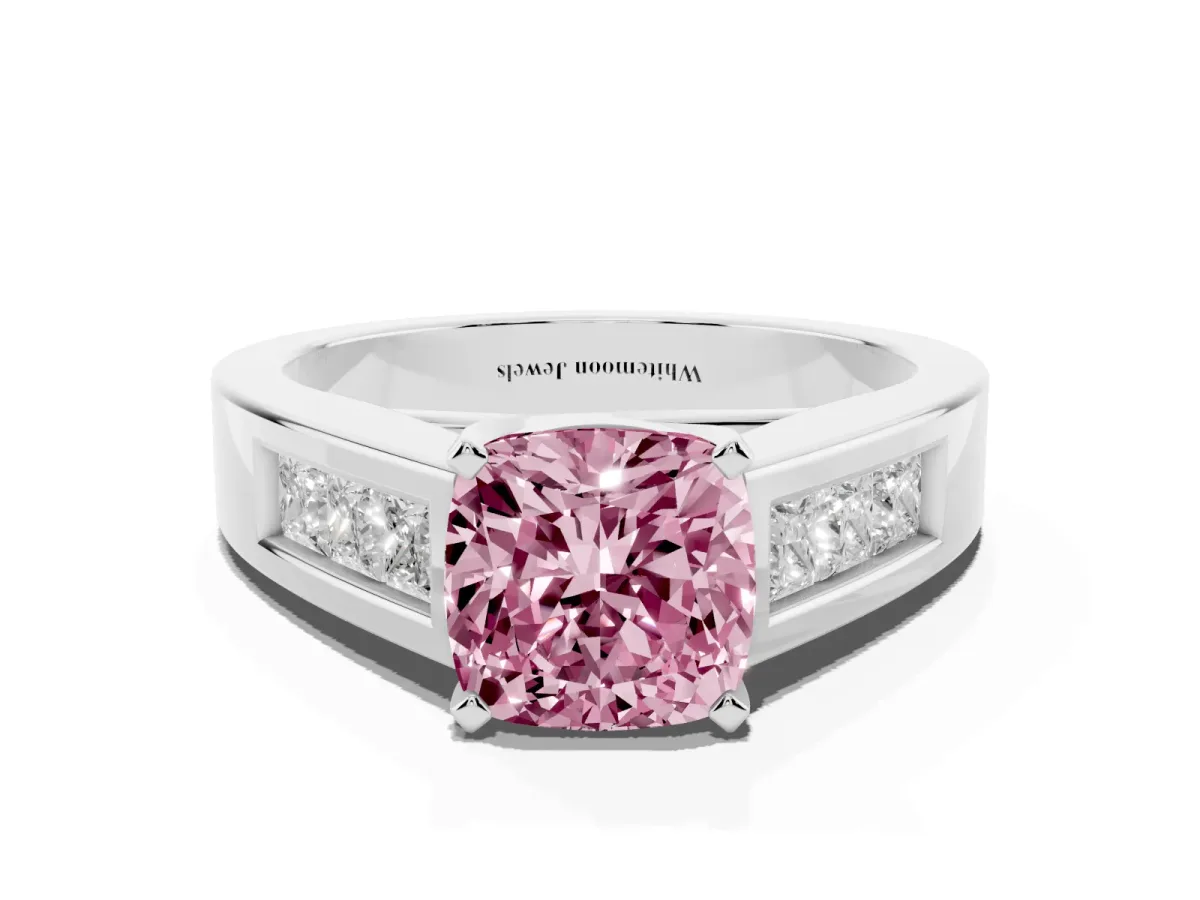 Fancy Pink Cushion Cut Cut Channel Set Solitaire Ring with Four-Prong Setting Silver