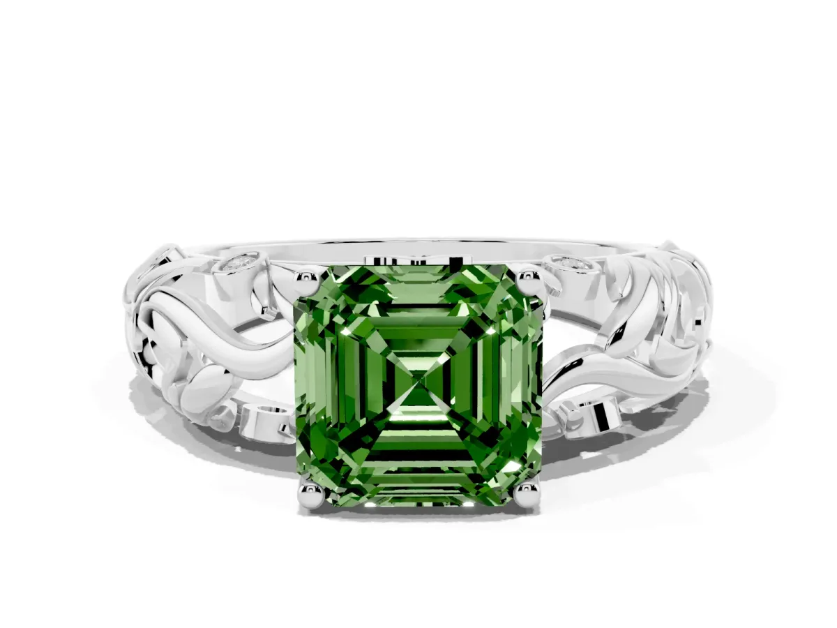 Fancy Green Asscher Cut Solitaire Diamond Leaf-Inspired Vine Band Ring with Prong Setting Silver