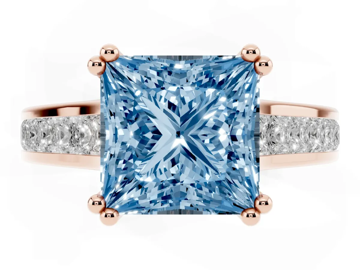 Fancy Blue Princess Cut Cut Channel Set Solitaire Engagement Ring with Prong Setting Rose gold