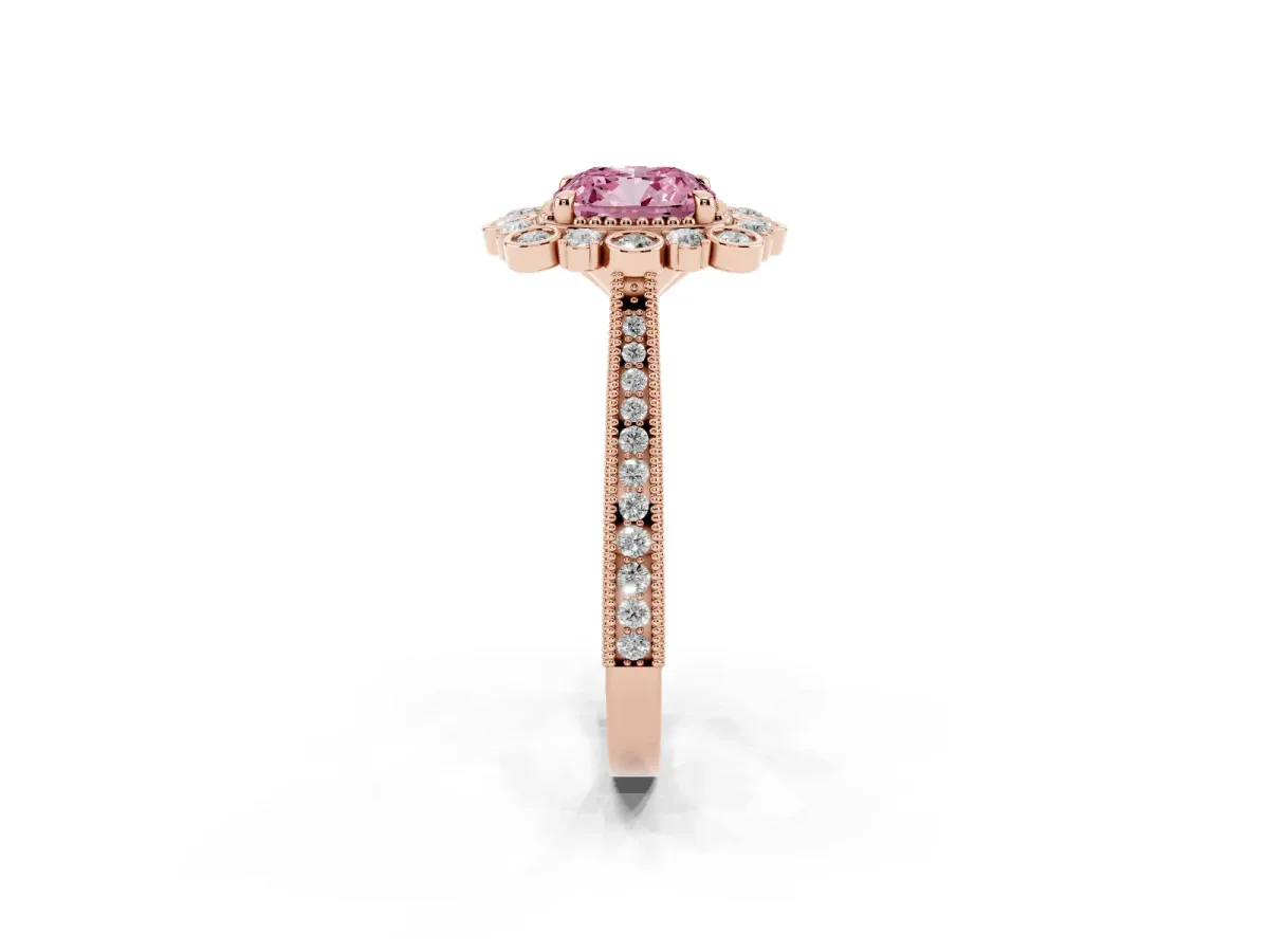 Fancy Pink Cushion Cut Halo Milgrain Pave Diamond Ring with Four-Prong Setting Rose gold