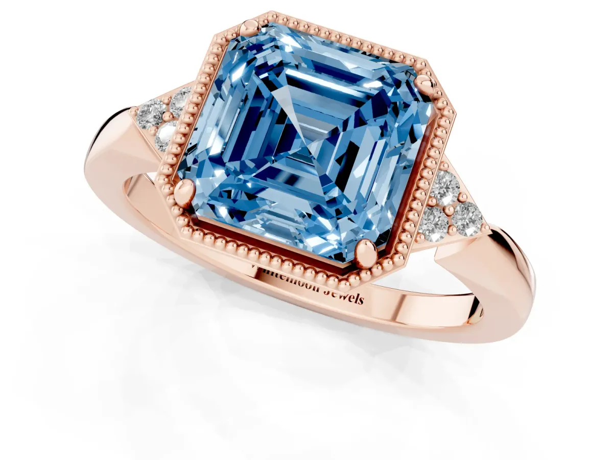 Fancy Blue Milgrain Asscher Cut Cut Diamond Ring with Tapered Pave Band and Four Prong Setting Rose gold