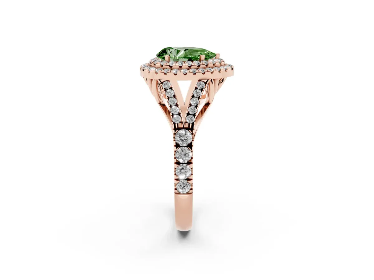 Fancy Green Pear Cut Cut Double Halo Split Shank Diamond Ring with Prong Setting Rose gold