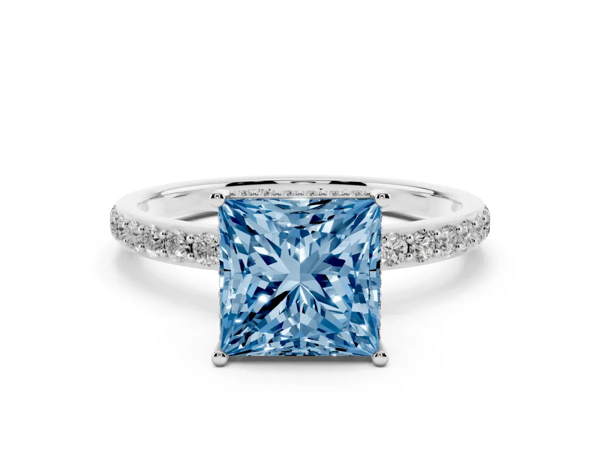Fancy Blue Princess Cut Diamond Solitaire Ring with Pavé Band and Hidden Halo White gold