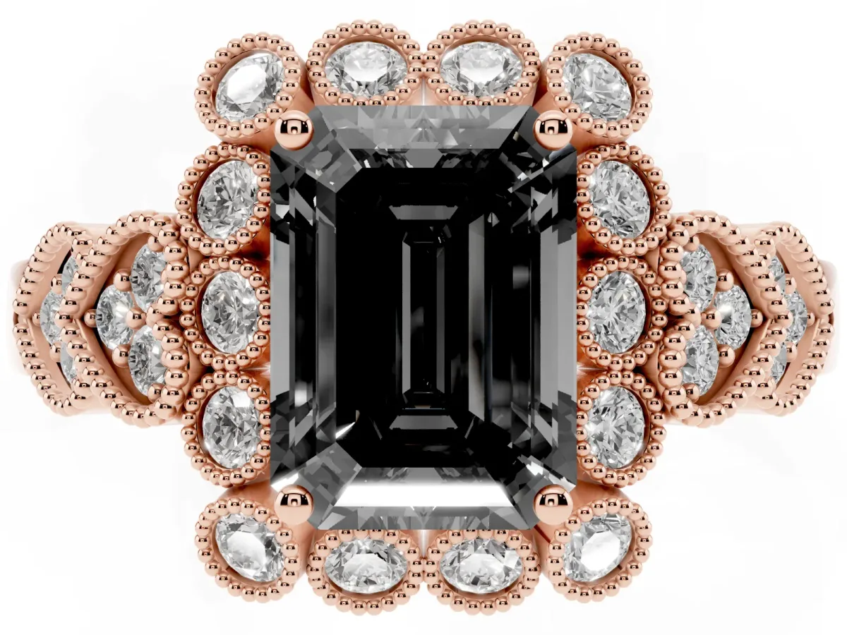 Fancy Black Emerald Cut Brilliant Milgrain Pave Heart Band Solitaire Ring Rose gold